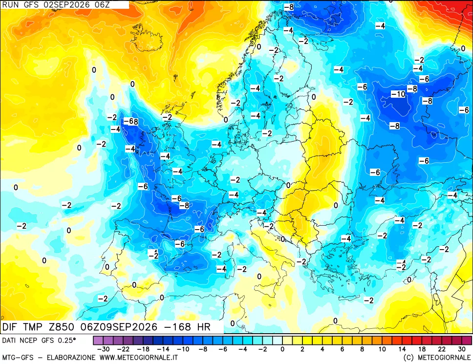 mappa Dif. Temp a 850 hPa Valid - Init