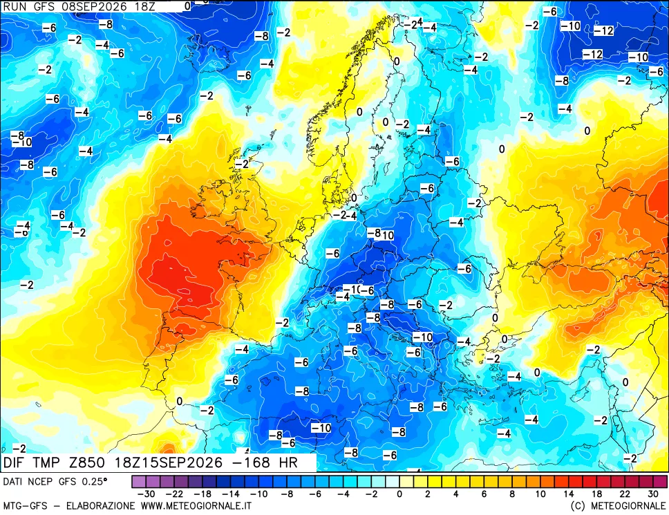 mappa Dif. Temp a 850 hPa Valid - Init