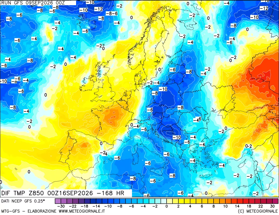 mappa Dif. Temp a 850 hPa Valid - Init