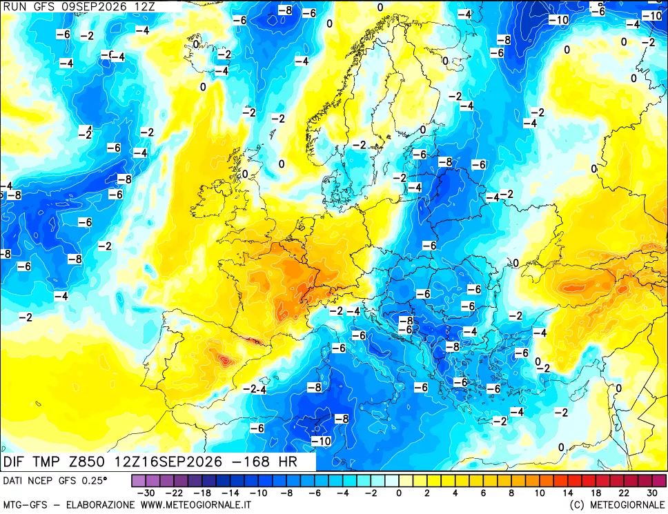 mappa Dif. Temp a 850 hPa Valid - Init