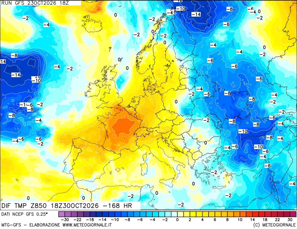 mappa Dif. Temp a 850 hPa Valid - Init