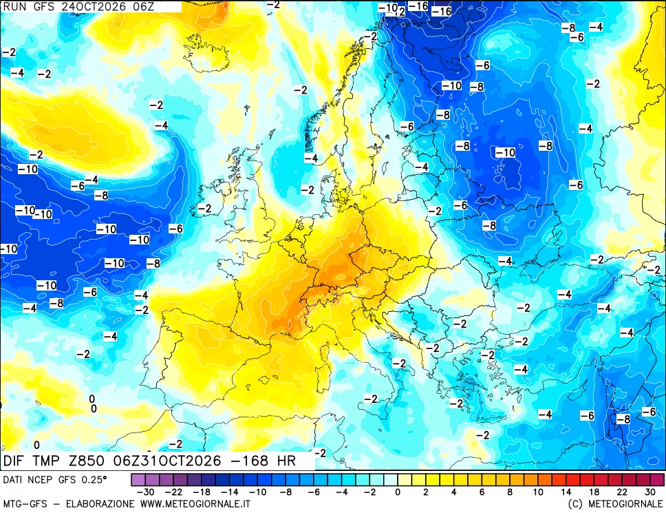 mappa Dif. Temp a 850 hPa Valid - Init
