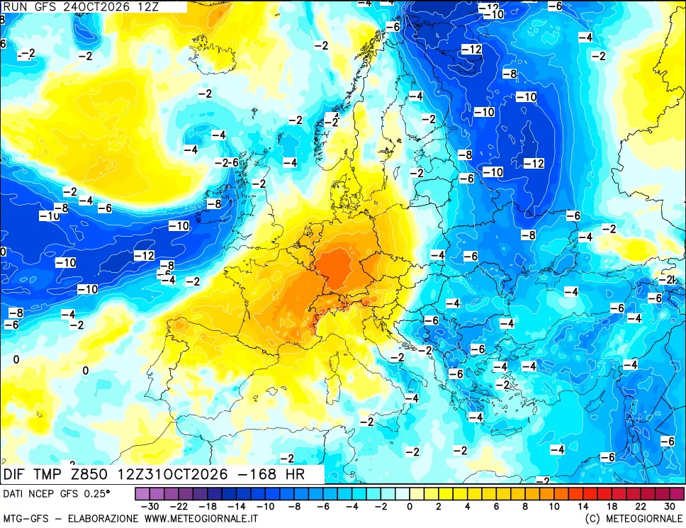 mappa Dif. Temp a 850 hPa Valid - Init