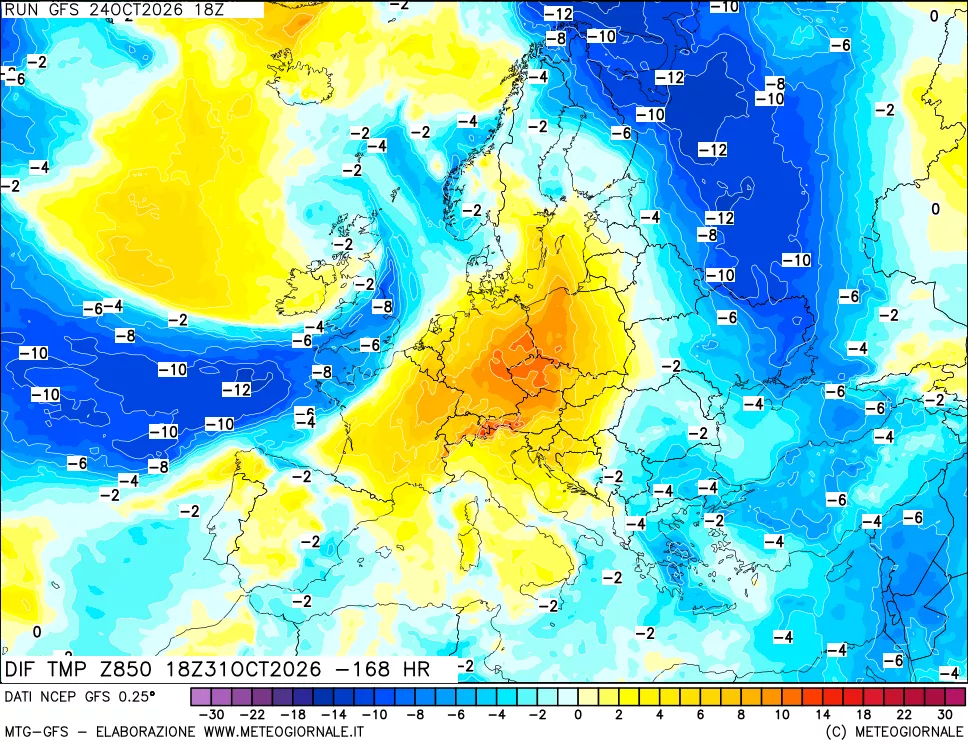 mappa Dif. Temp a 850 hPa Valid - Init