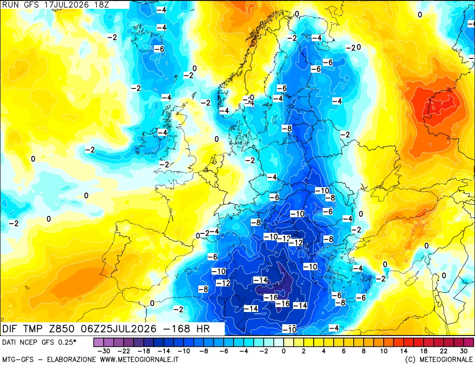 mappa Dif. Temp a 850 hPa Valid - Init