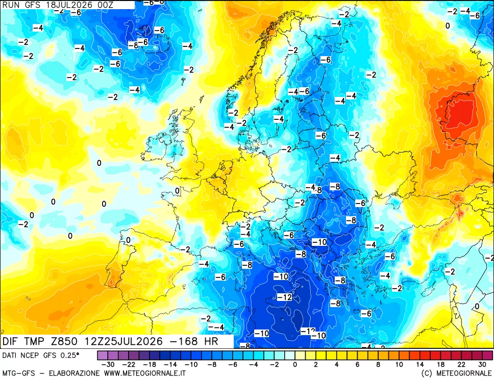mappa Dif. Temp a 850 hPa Valid - Init