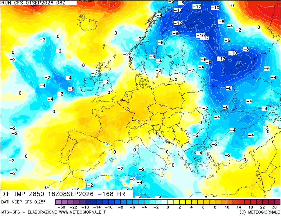 mappa Dif. Temp a 850 hPa Valid - Init