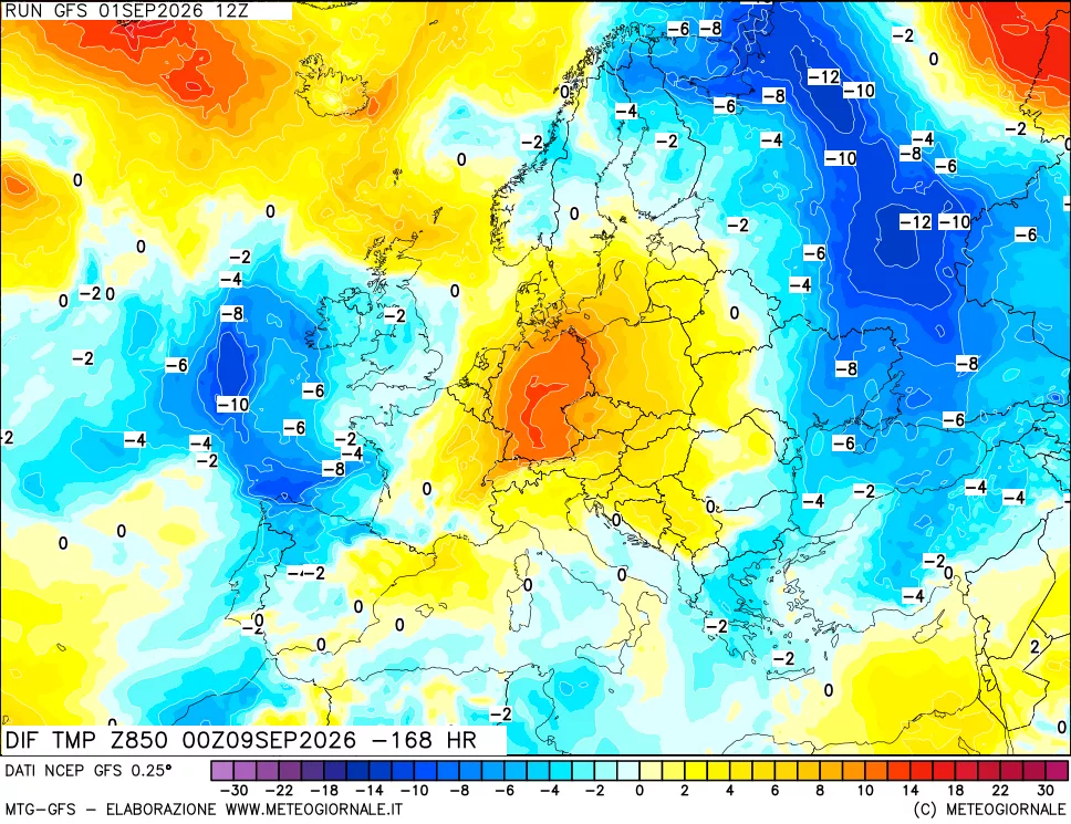mappa Dif. Temp a 850 hPa Valid - Init