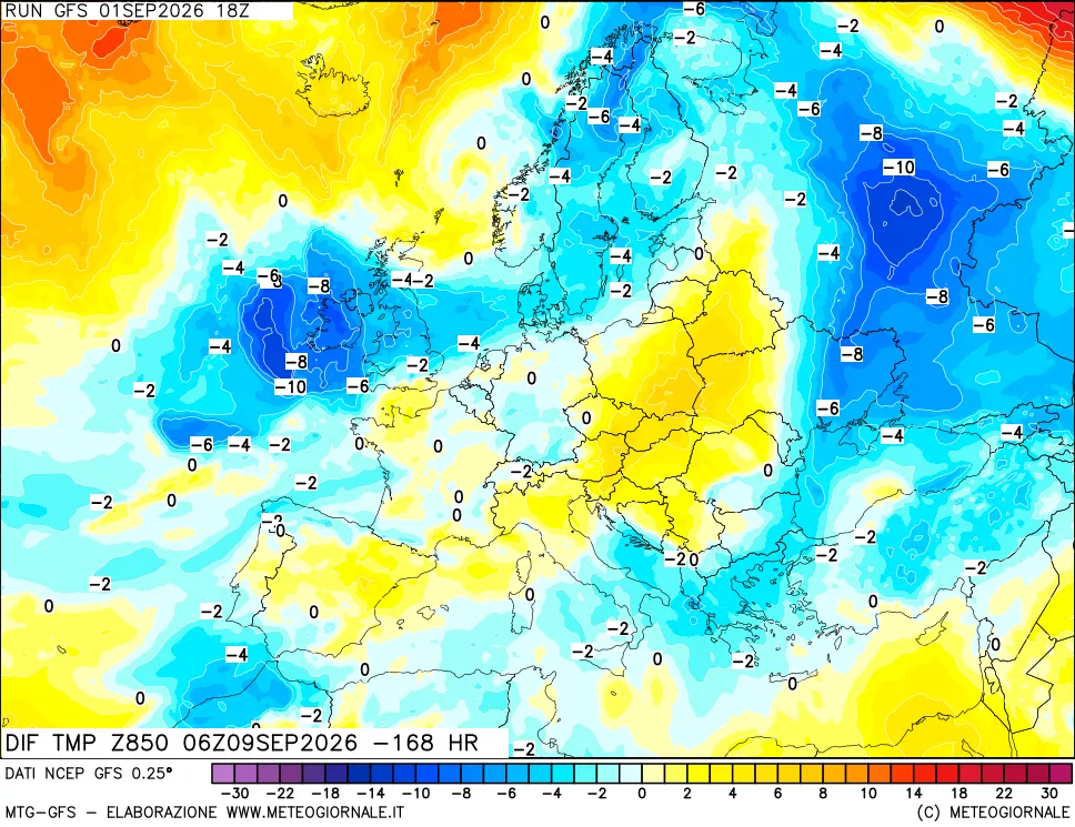 mappa Dif. Temp a 850 hPa Valid - Init