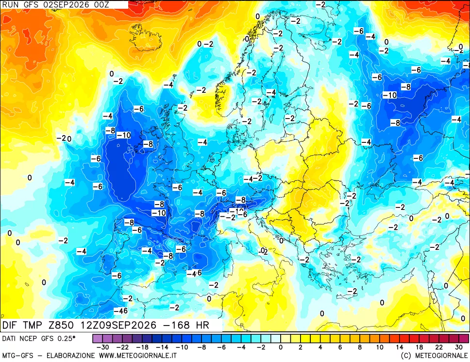 mappa Dif. Temp a 850 hPa Valid - Init