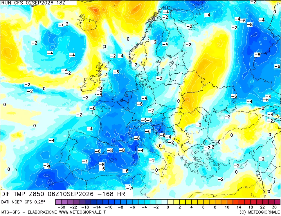 mappa Dif. Temp a 850 hPa Valid - Init