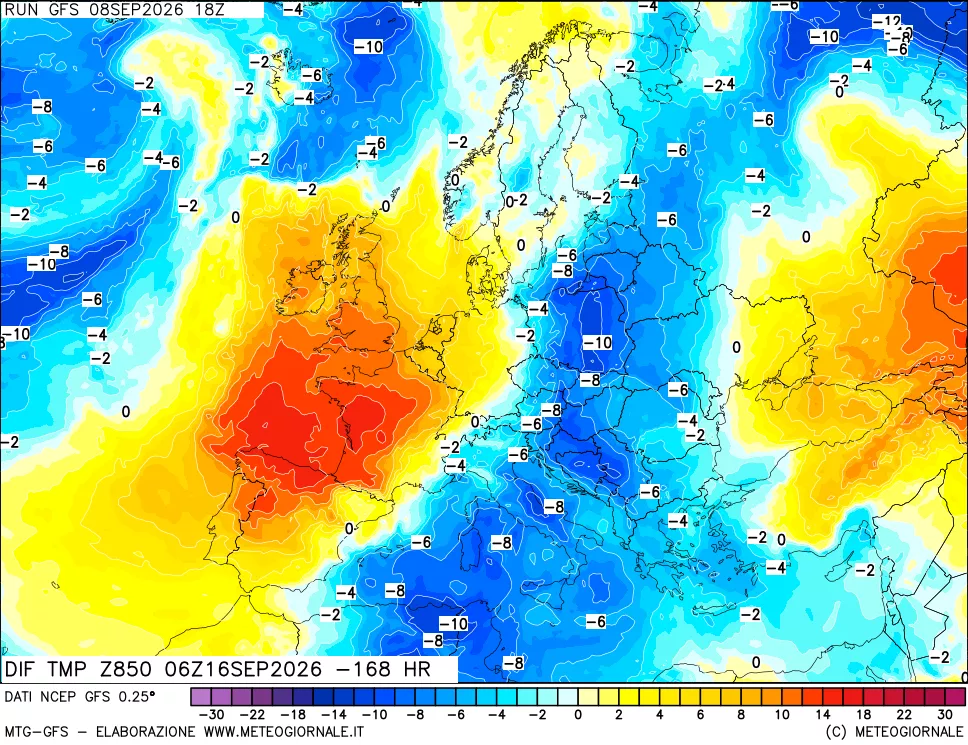mappa Dif. Temp a 850 hPa Valid - Init
