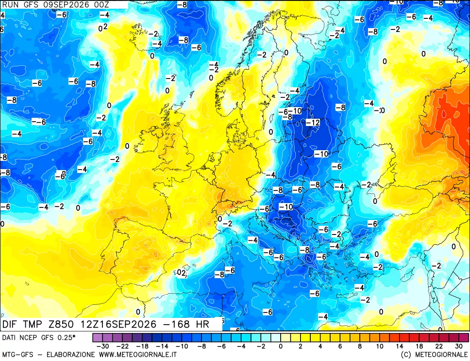 mappa Dif. Temp a 850 hPa Valid - Init