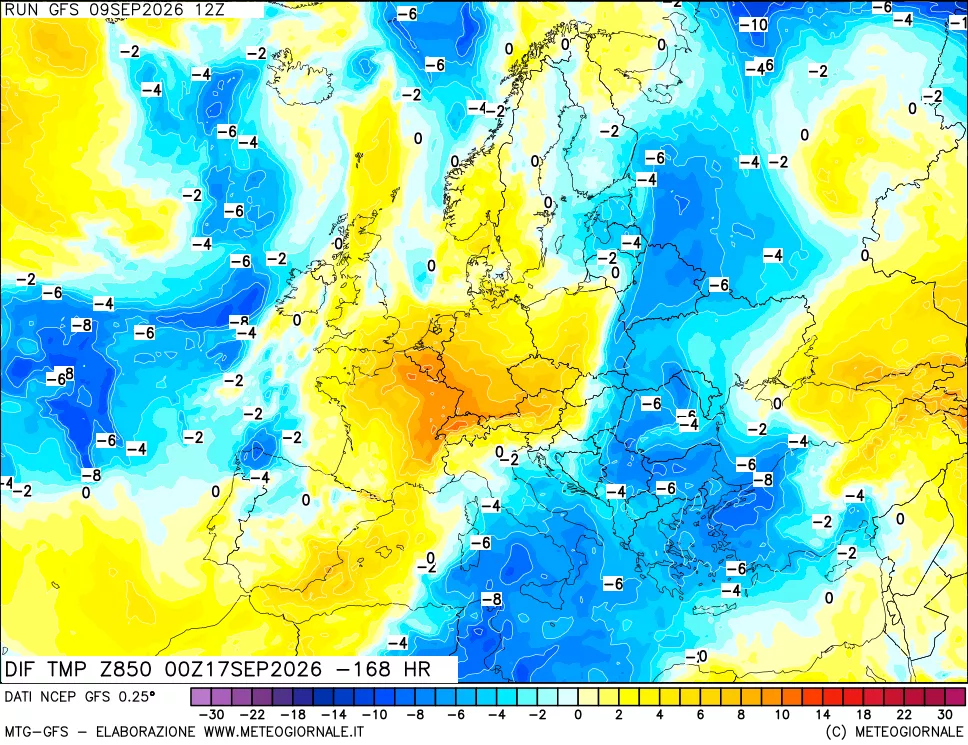 mappa Dif. Temp a 850 hPa Valid - Init