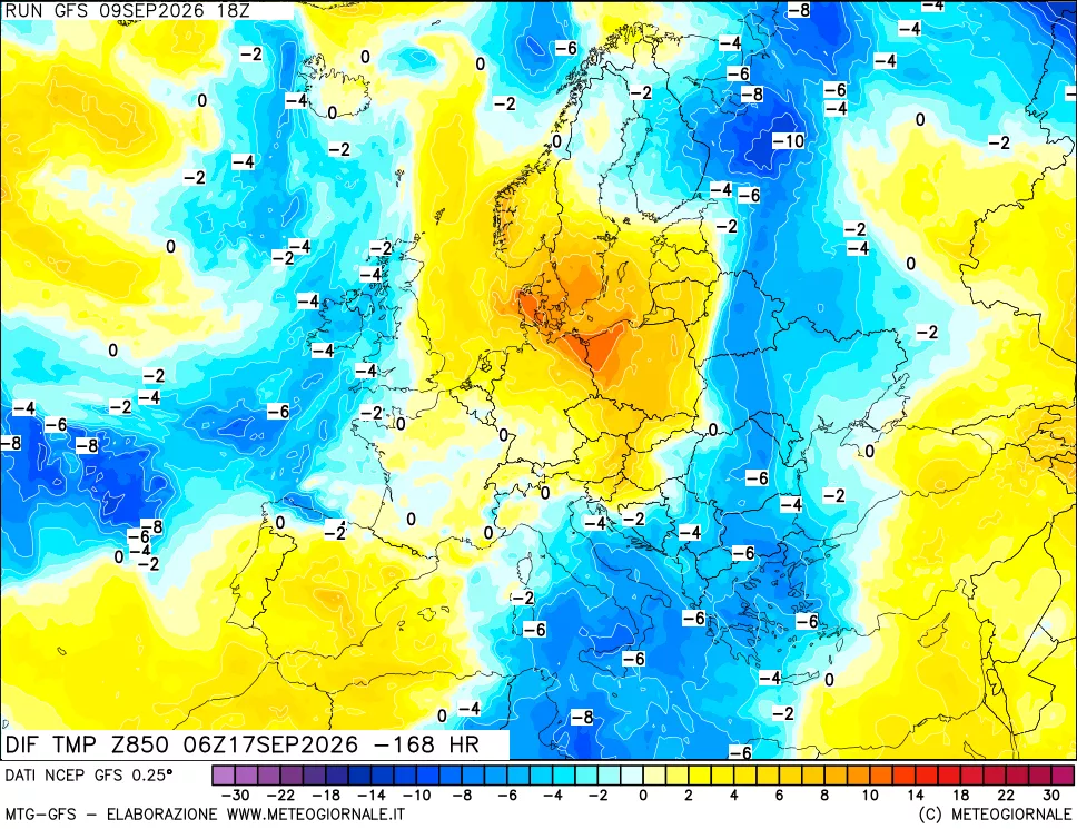 mappa Dif. Temp a 850 hPa Valid - Init