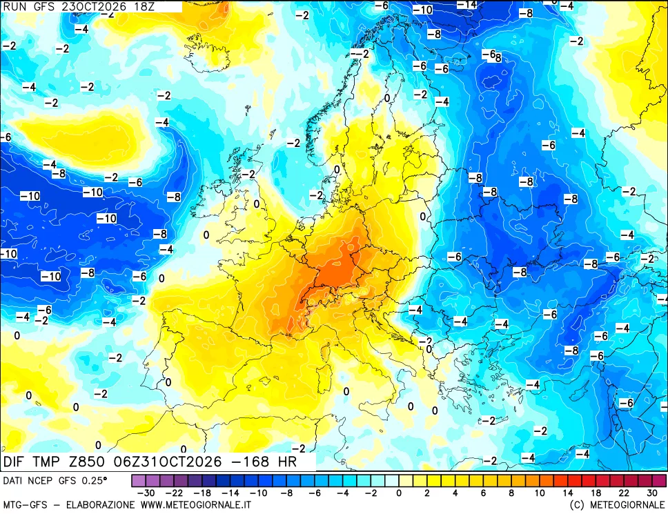 mappa Dif. Temp a 850 hPa Valid - Init