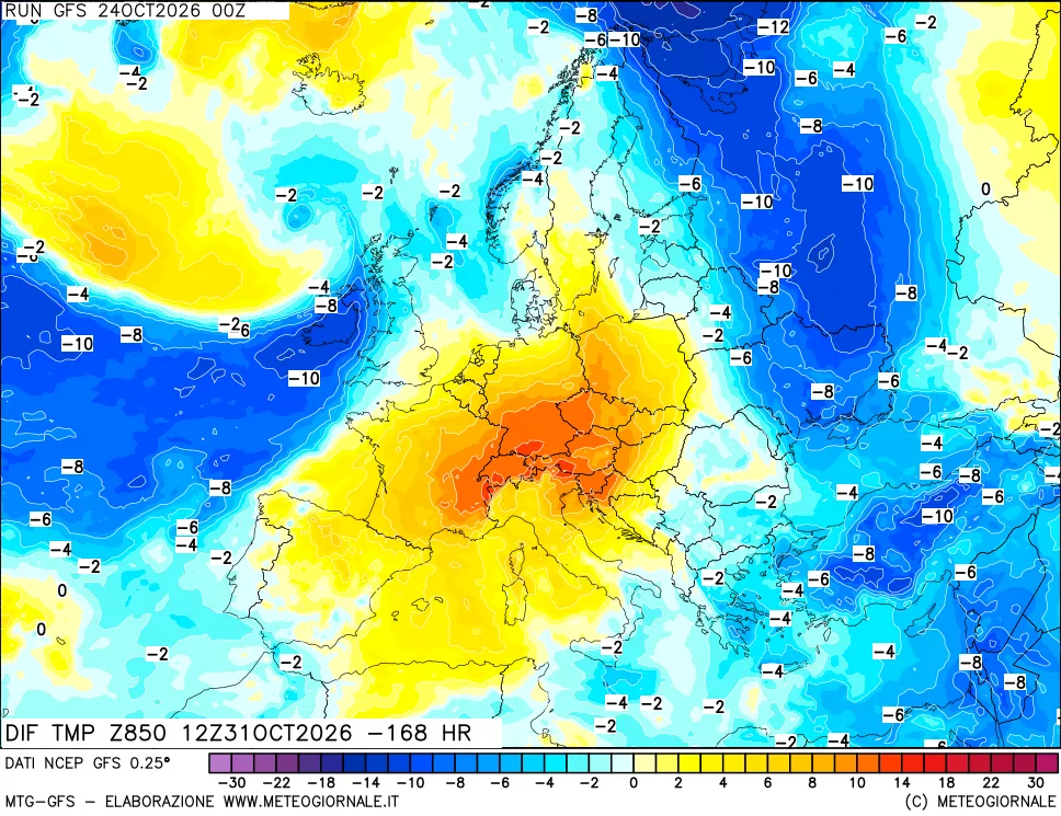 mappa Dif. Temp a 850 hPa Valid - Init