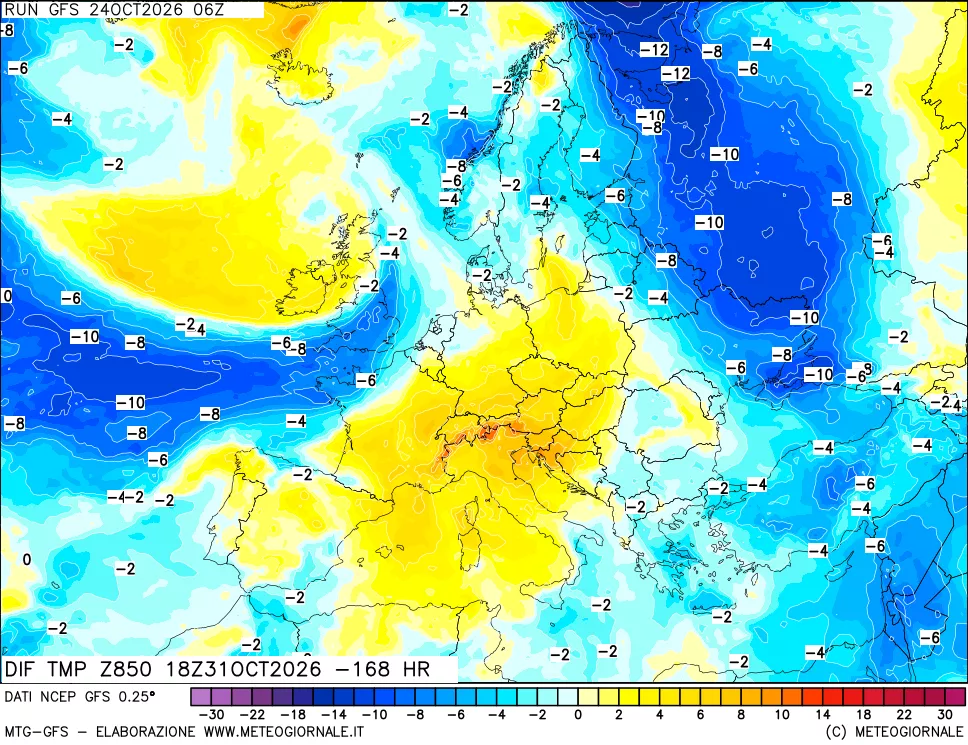 mappa Dif. Temp a 850 hPa Valid - Init