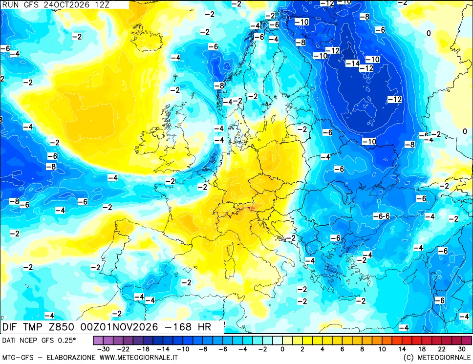 mappa Dif. Temp a 850 hPa Valid - Init
