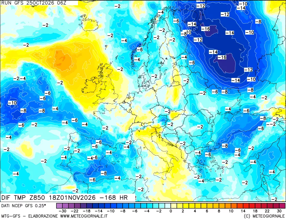 mappa Dif. Temp a 850 hPa Valid - Init