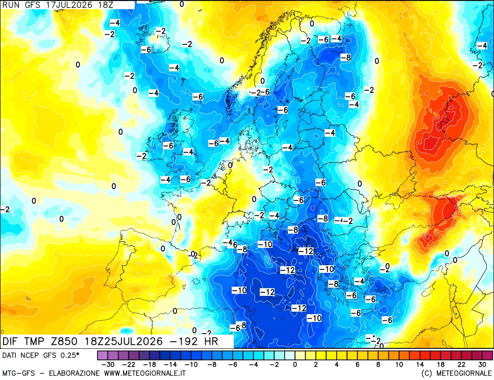 mappa Dif. Temp a 850 hPa Valid - Init
