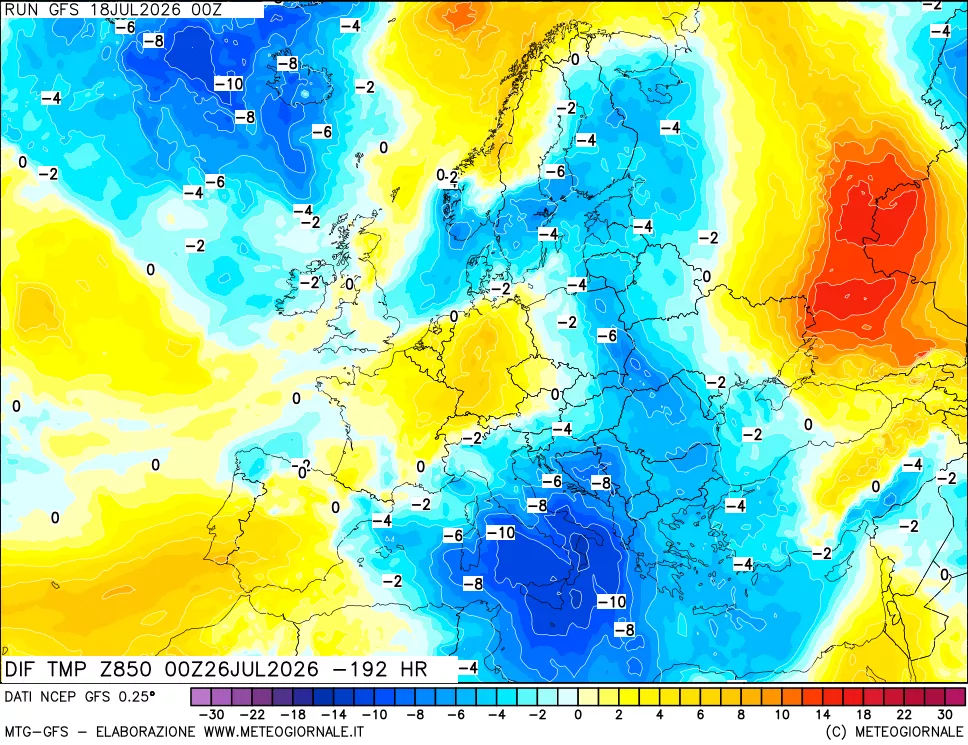 mappa Dif. Temp a 850 hPa Valid - Init