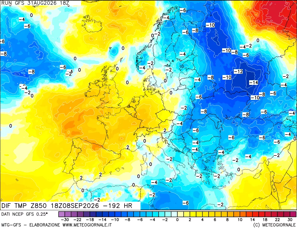 mappa Dif. Temp a 850 hPa Valid - Init