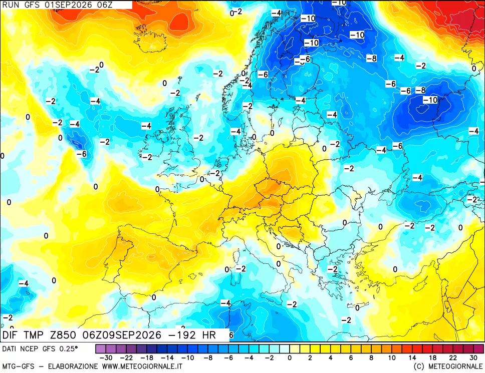 mappa Dif. Temp a 850 hPa Valid - Init