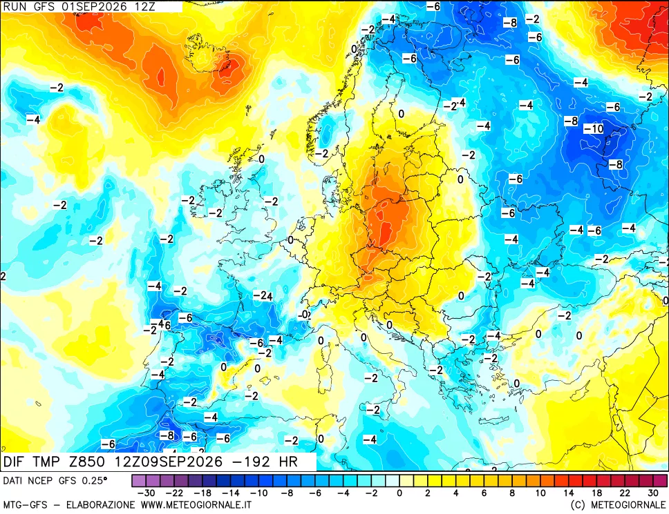 mappa Dif. Temp a 850 hPa Valid - Init