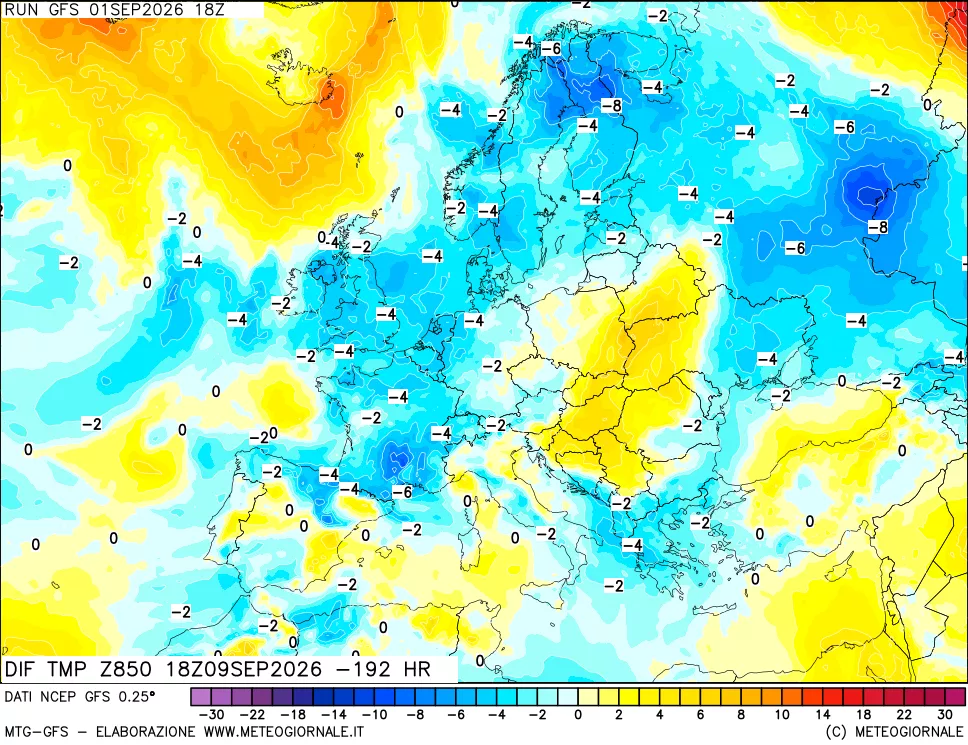 mappa Dif. Temp a 850 hPa Valid - Init