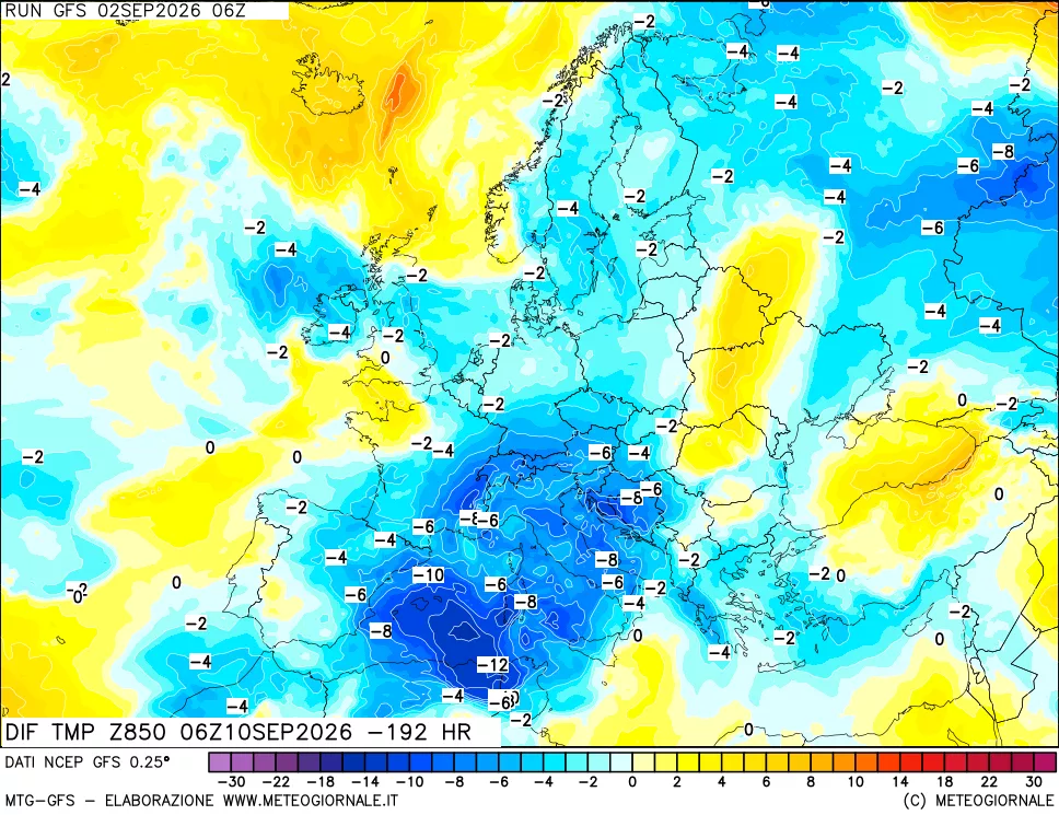 mappa Dif. Temp a 850 hPa Valid - Init