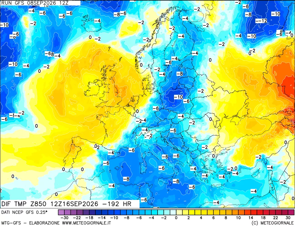 mappa Dif. Temp a 850 hPa Valid - Init