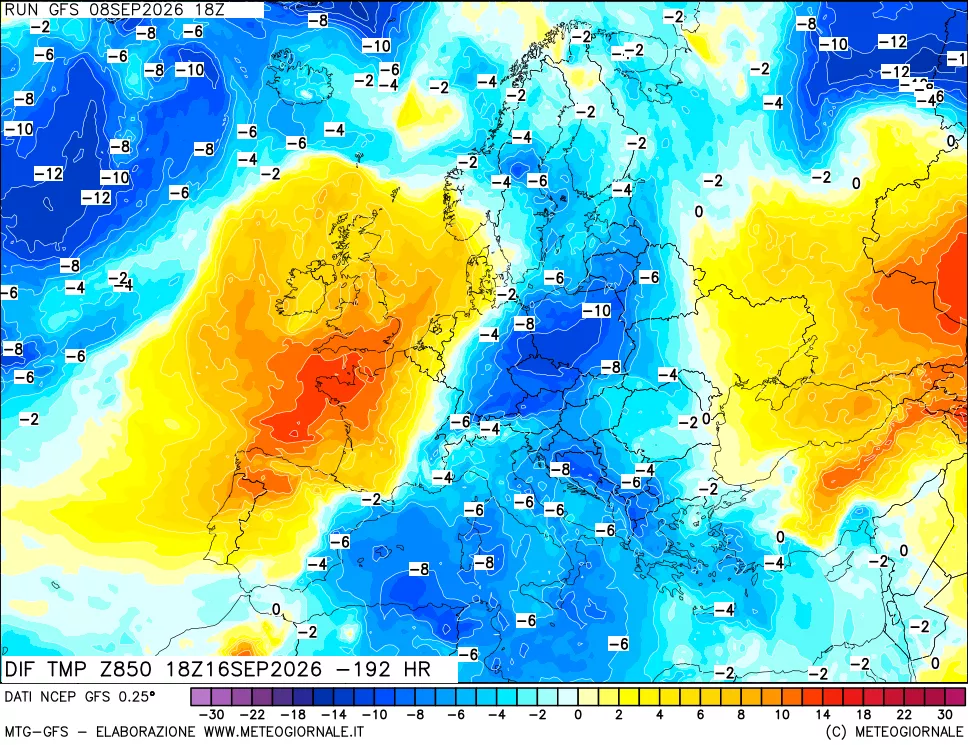 mappa Dif. Temp a 850 hPa Valid - Init