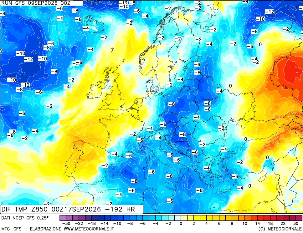 mappa Dif. Temp a 850 hPa Valid - Init