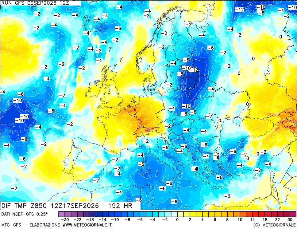 mappa Dif. Temp a 850 hPa Valid - Init