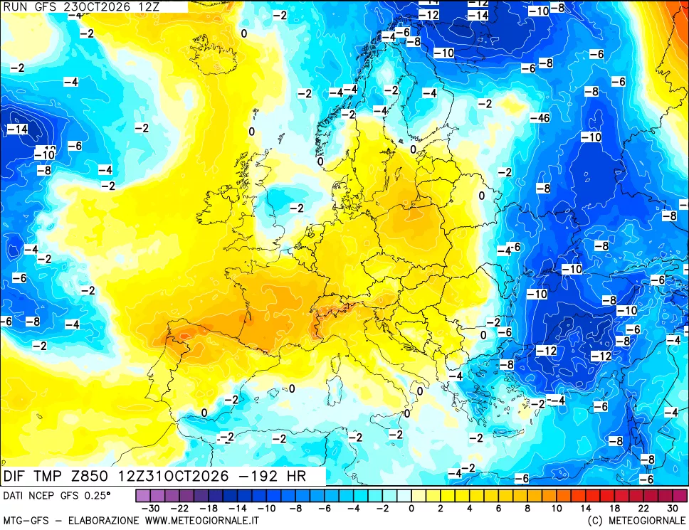 mappa Dif. Temp a 850 hPa Valid - Init