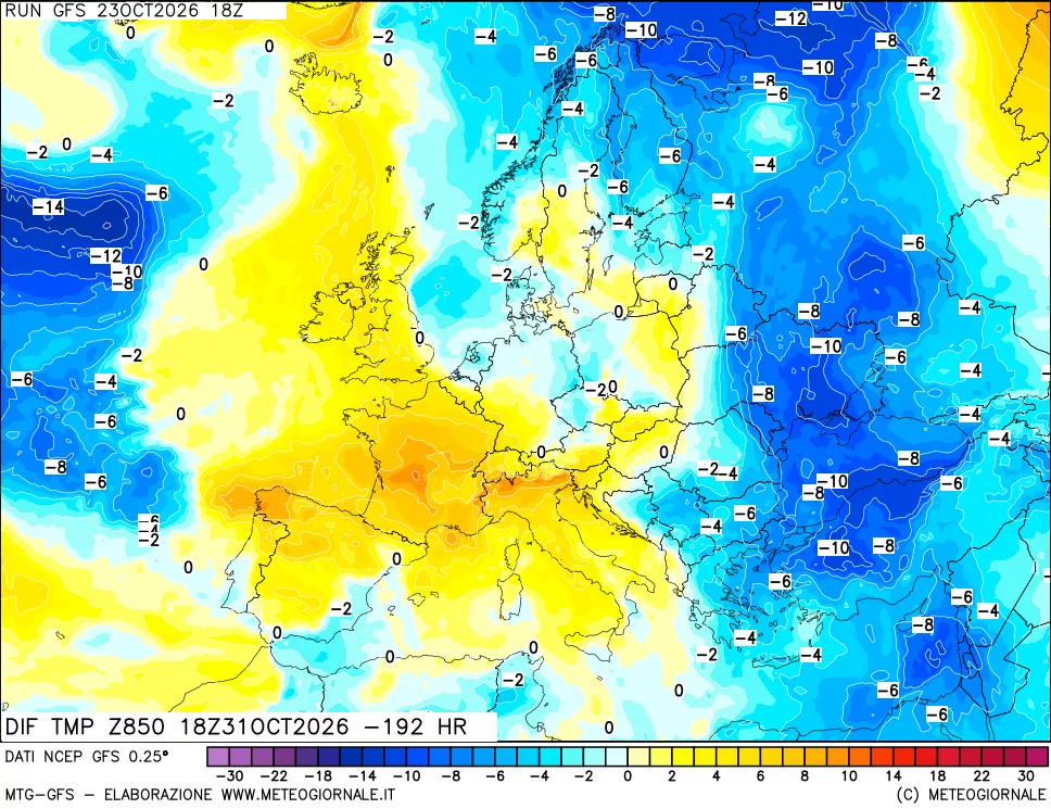 mappa Dif. Temp a 850 hPa Valid - Init