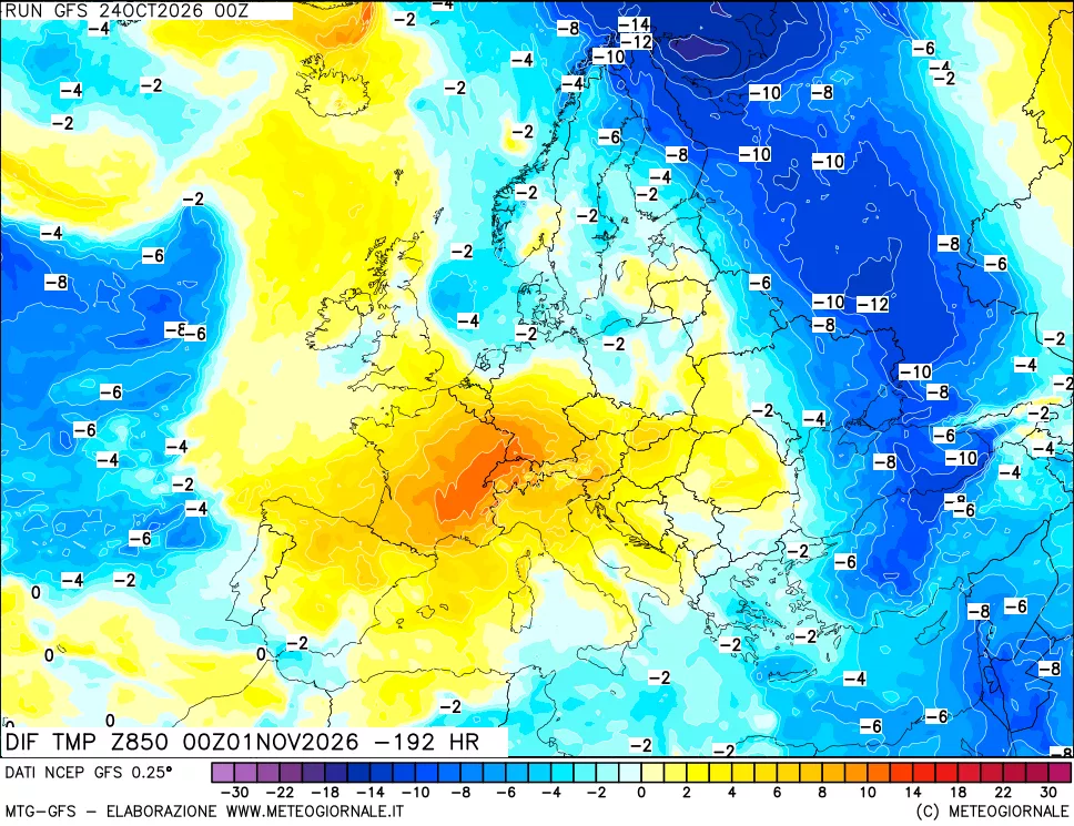 mappa Dif. Temp a 850 hPa Valid - Init