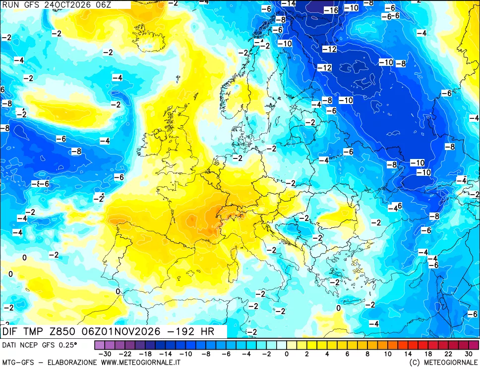 mappa Dif. Temp a 850 hPa Valid - Init