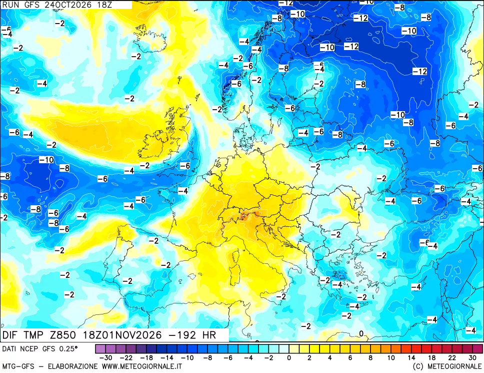 mappa Dif. Temp a 850 hPa Valid - Init