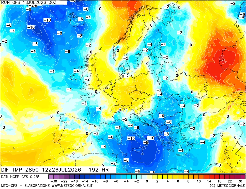 mappa Dif. Temp a 850 hPa Valid - Init
