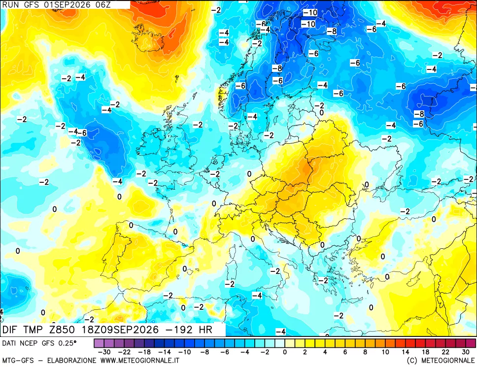 mappa Dif. Temp a 850 hPa Valid - Init