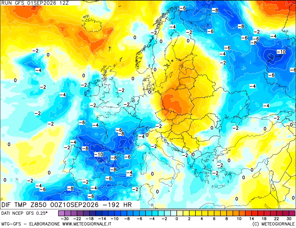 mappa Dif. Temp a 850 hPa Valid - Init