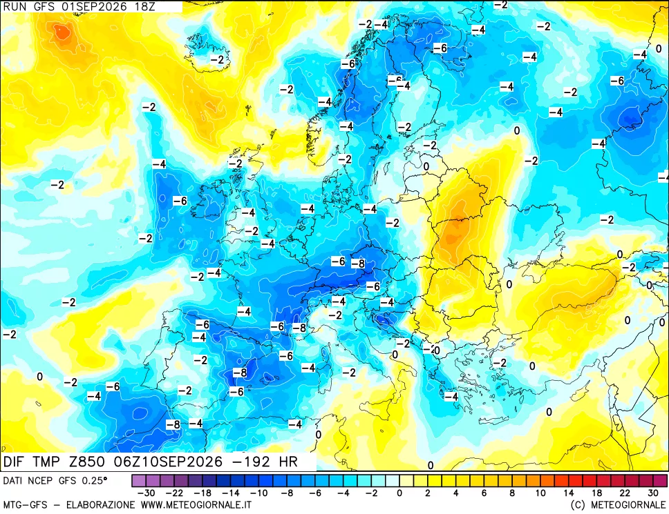 mappa Dif. Temp a 850 hPa Valid - Init