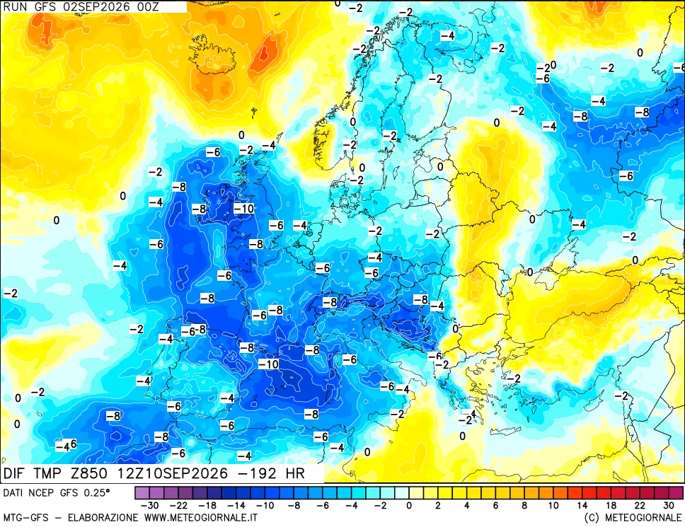 mappa Dif. Temp a 850 hPa Valid - Init