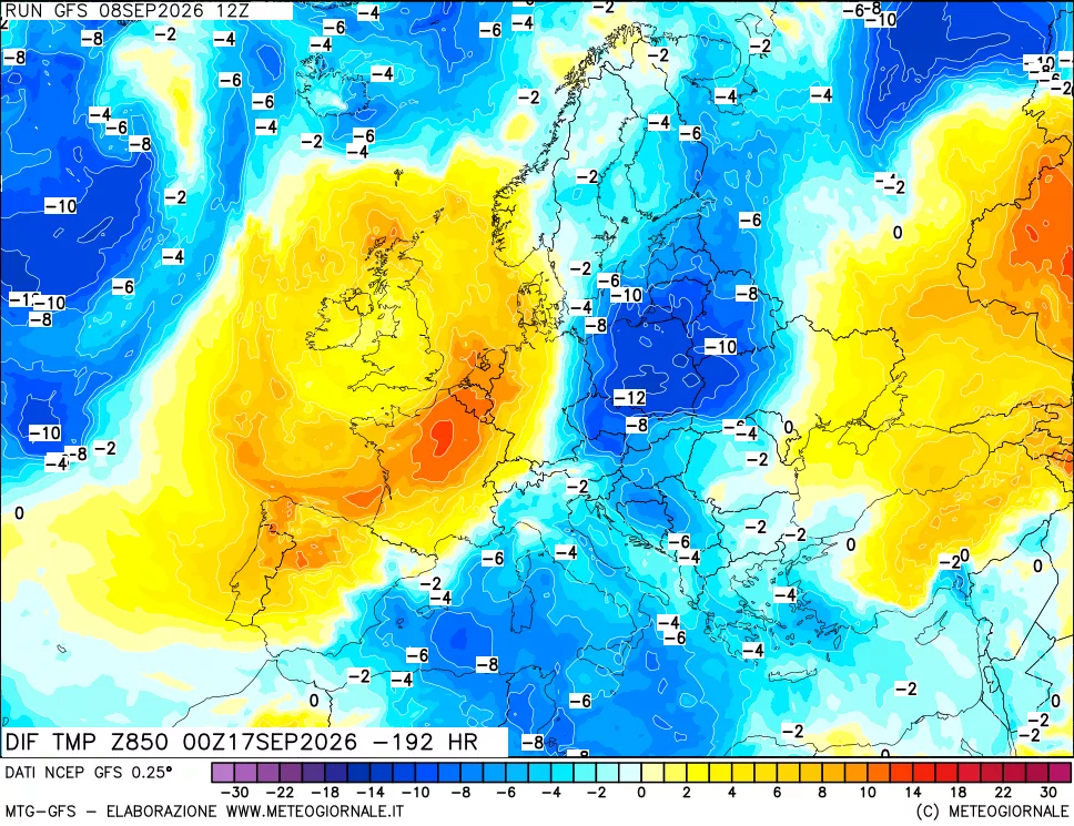 mappa Dif. Temp a 850 hPa Valid - Init