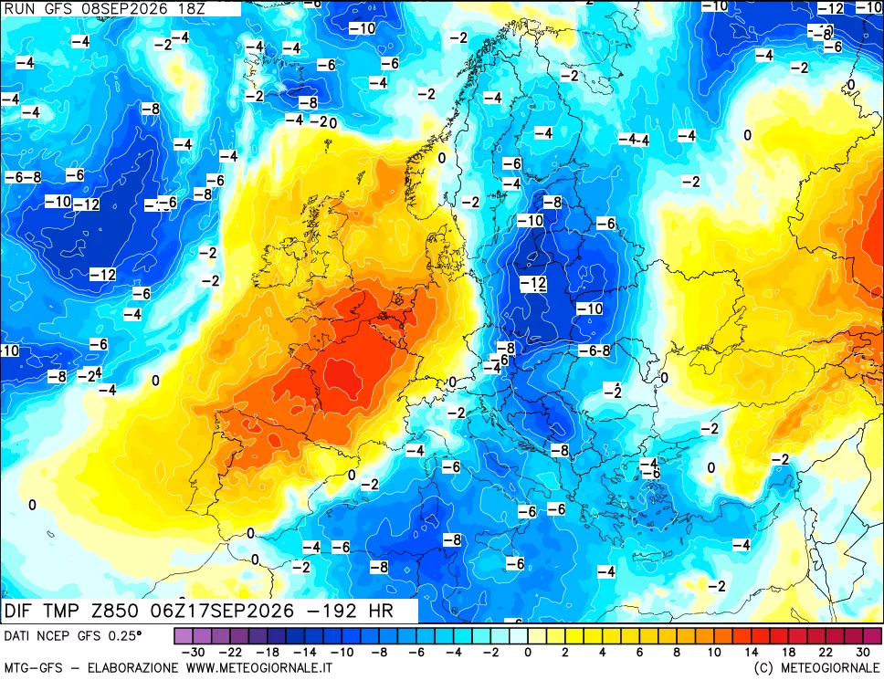 mappa Dif. Temp a 850 hPa Valid - Init