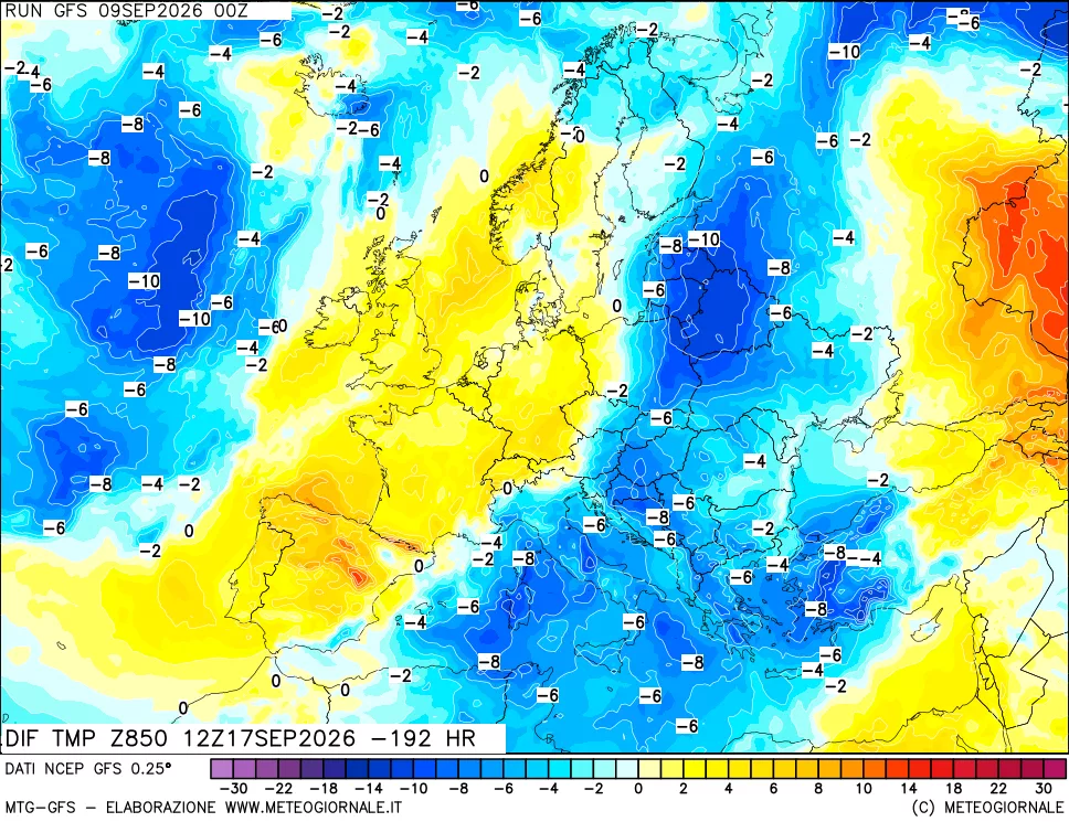 mappa Dif. Temp a 850 hPa Valid - Init