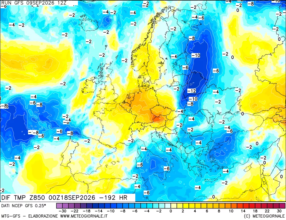 mappa Dif. Temp a 850 hPa Valid - Init