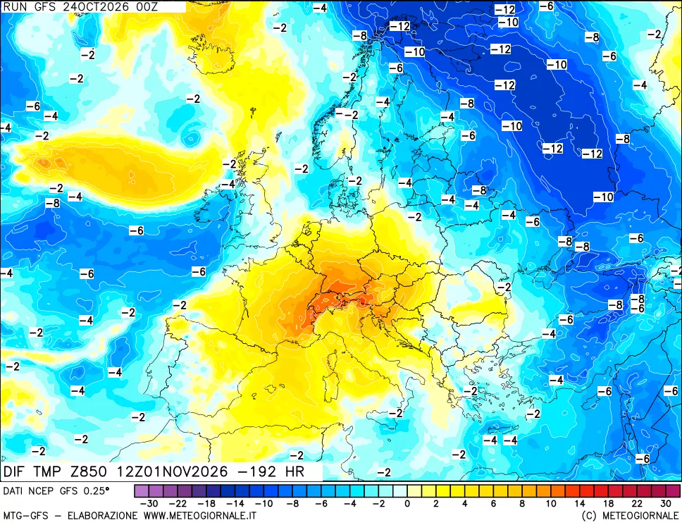 mappa Dif. Temp a 850 hPa Valid - Init